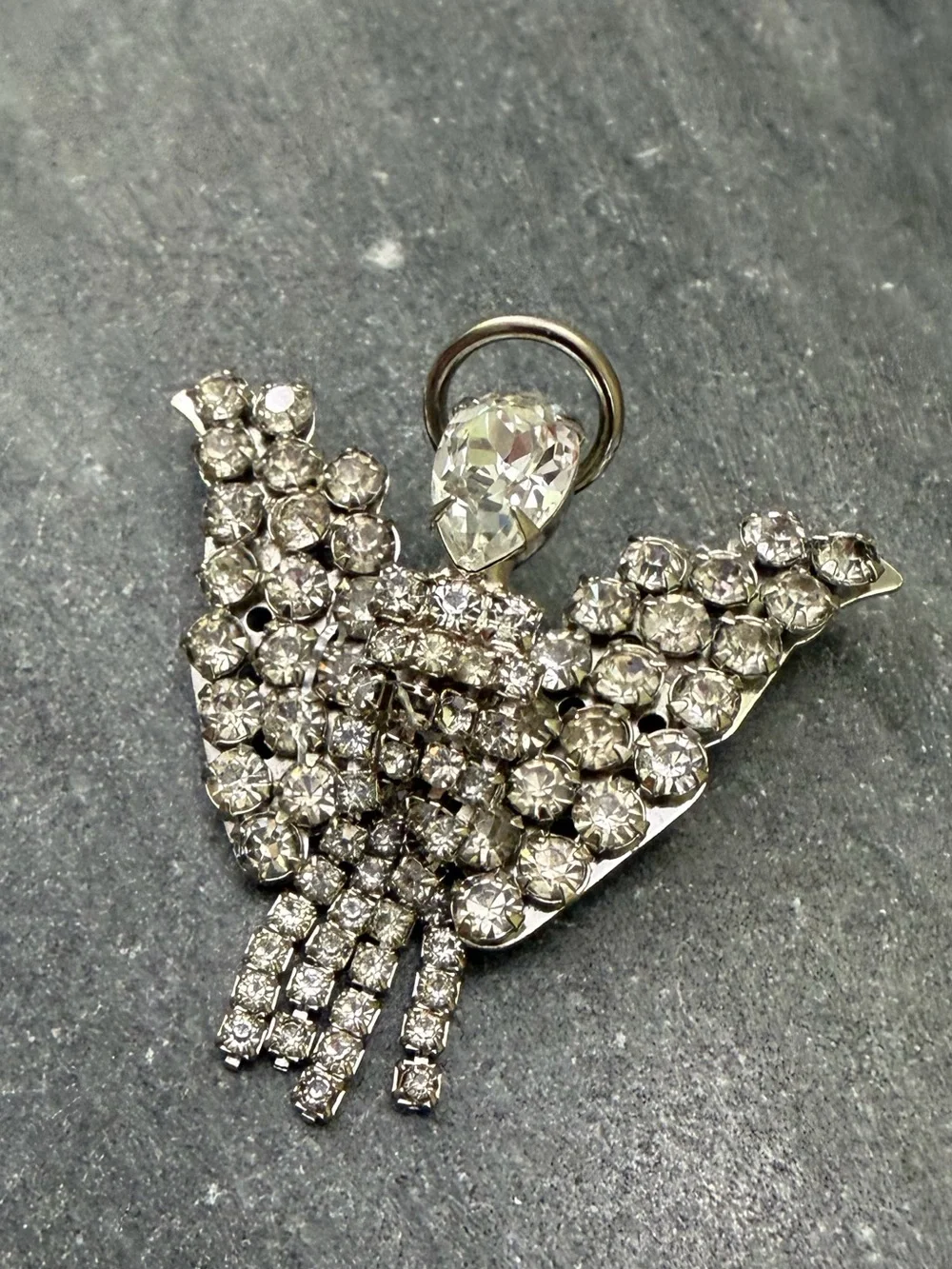 Vintage Warner Crystal Silver Angel Articulated Brooch